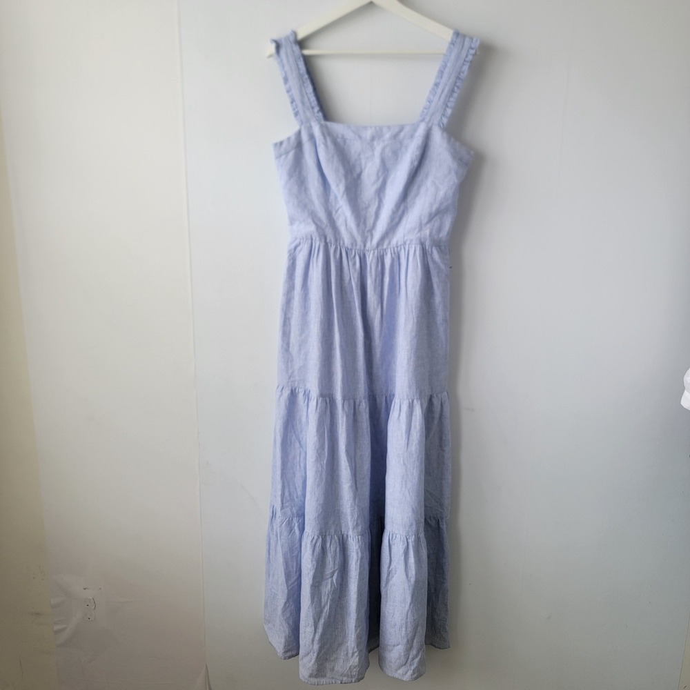 Maggy London linen blend striped maxi dress size 6 square neck tiered Pockets